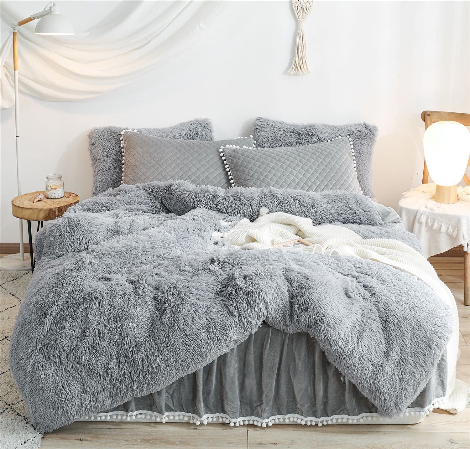 Haihua Gray Faux Fur Comforter Cover Twin Size,Fluffy Plush Shaggy Duvet Cover Set (1 Faux Fur Duvet Cover + 1 Pillow Cases) Vel